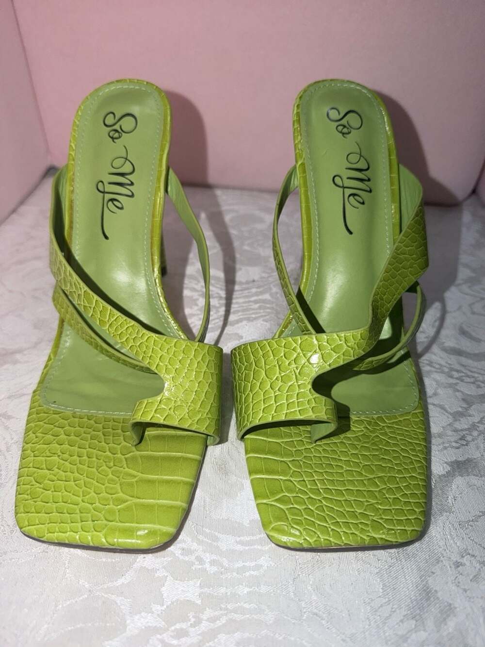 So Me Green Crocodile Print Square Toe Heeled Sandals